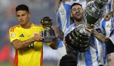 James Rodríguez con el trofeo de mejor jugador de la Copa América y Lionel Messi con el de campeón. 