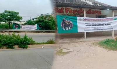 Pendones del 'Clan del Golfo' en la Avenida El Platanal y en el barrio Ciudad Paraíso. 