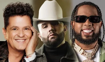 Los cantantes Carlos Vives, Carín León y Chimbala.