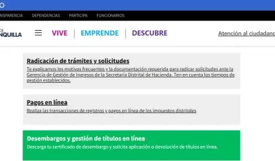 Página de la Alcaldía de Barranquilla para tramitar y gestionar desembargos.