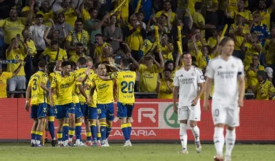 La celebración de los jugadores de Las Palmas tras el gol ante Real Madrid.