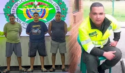 Tres de los imputados y foto del patrullero  Jaider Gregorio Amador Quessep