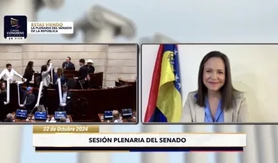 María Corina Machado en una sesión virtual en el Senado de la República de Colombia.