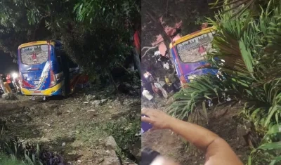 El bus quedó en una zona enmontada a un lado de la vía. 