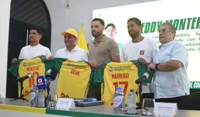 Fredy Montero, Dumek Turbay, Sebastián Viera, Christian Marrugo y Renato Damiani durante la rueda de prensa este jueves.