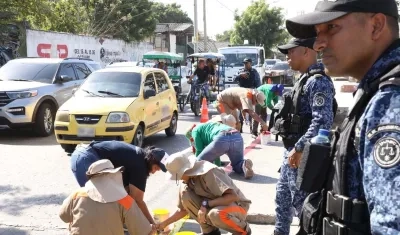 Privados de la libertad realizando labores de pintura en la calle 17. 