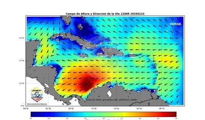 Zona roja en el mar Caribe, donde se registra la anomalía de vientos. 