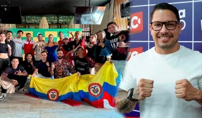 Grupo de participantes en la cartelera y Luis Eduardo Banoy, presidente de la Liga de muay thai del Atlántico.