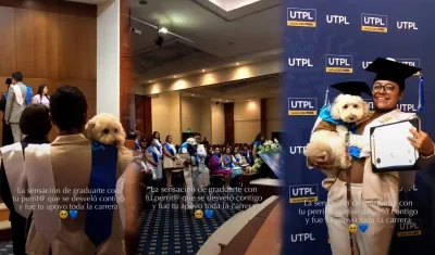 Imágenes de la joven recibiendo el diploma junto a su mascota. 