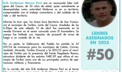 El líder y autoridad indígena Erik Ánderson Menza Pavi.