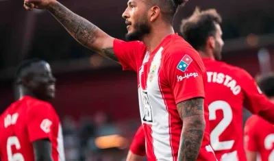 Luis Javier Suárez celebrando uno de sus goles este domingo.