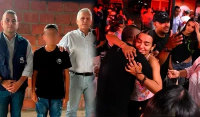 El niño Lyan José Hortúa con funcionarios de la Defensoría / Familiares del pequeño celebrando la liberación. 