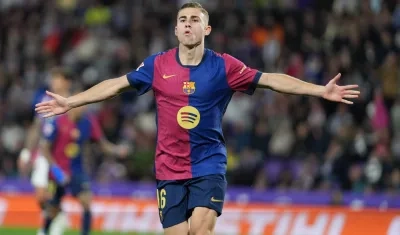 Fermín López celebra el gol de la victoria del Barcelona sobre el Valladolid.