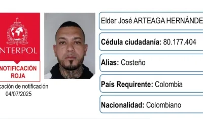 Circular roja de la Interpol contra alias 'El Costeño'.