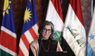 La relatora especial de la ONU para Palestina, Francesca Albanese, durante la instalación de la cumbre ministerial de emergencia del Grupo de La Haya.