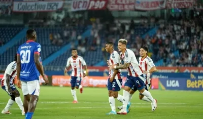 Jesús Rivas celebrando su primer gol con Junior.