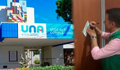 Fachada de la sede de Alta Complejidad y un del funcionario de Supersalud poniendo el sello de intervención.