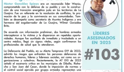 Héctor González Epieyu es líder 103 asesinados este año en Colombia. 