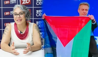María José Pizarro y Daniel Quintero Calle con la bandera palestina en el Congreso de la Andi.
