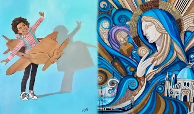 Obras de las artistas Lissete Pinedo Barvo y Adriana Vallejo que serán exhibidas en esta colectiva.