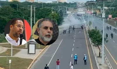 El rector de UniAtlántico, Leyton Barrios, el Ministro del Interior, Armando Benedetti y la protesta de este jueves.