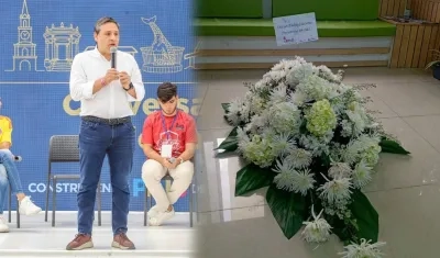 Mauricio Lizcano y la corona fúnebre que llegó a su sede en Manizales.