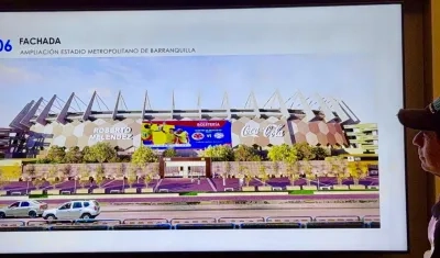 El alcalde Alejandro Char y la fachada que presentará el estadio Metropolitano tras su remodelación.