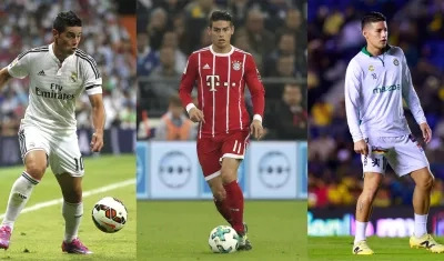 James Rodríguez con las camisetas del Real Madrid, Bayern Múnich y León. 