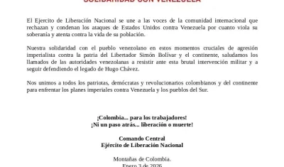 Comunicado del ELN sobre incursión de EE.UU. en Venezuela