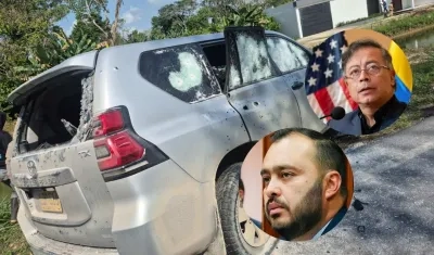 Carro del esquema de seguridad baleado, el Presidente Gustavo Petro y el senador Jairo Castellanos.