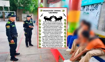 Imagen de una visita de la Policía a uno de los colegios y del panfleto.