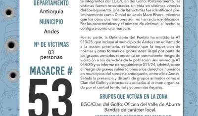 El hecho violento es la masacre número 53 en lo que va del año en Colombia. 