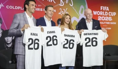 El exfutbolista brasileño Kaka; el CEO y fundador de Global Citizen, Hugh Evans; la cantante barranquillera Shakira y el presidente de la FIFA, Gianni Infantino. 