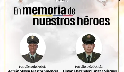 Adrián Stiven Riascos Valencia y Omar Alexander España Vásquez, los dos policías fallecidos. 