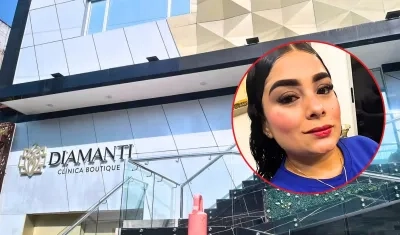 Sara Echeverría (círculo) y fachada de la Clínica Diamanti, en Barranquilla. 