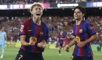 El festejo de Fermín tras marcar el segundo gol del Barcelona. 