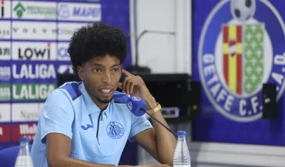 Johan Mojica durante su primera rueda de prensa como jugador del Getafe.