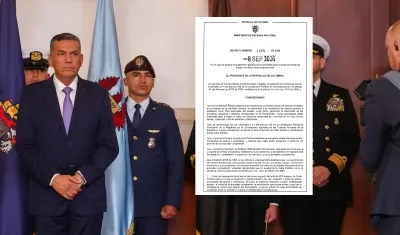 El Ministro de Defensa, Jorge Mora, y la imagen del Decreto.