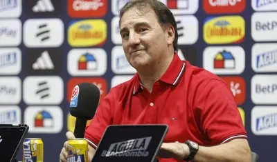 Néstor Lorenzo, técnico de la Selección Colombia, en rueda de prensa este jueves, en Bogotá.