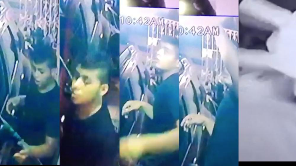 Momentos en el que el joven se roba uno de los bombillos.