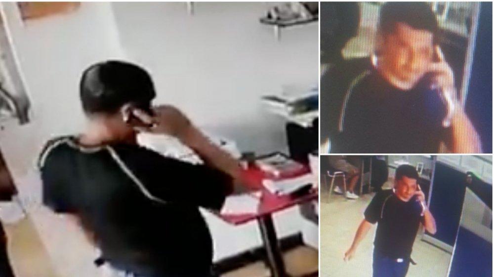 Llega hablando por celular y con unos papeles en la mano y en el menor descuido roba un teléfono.