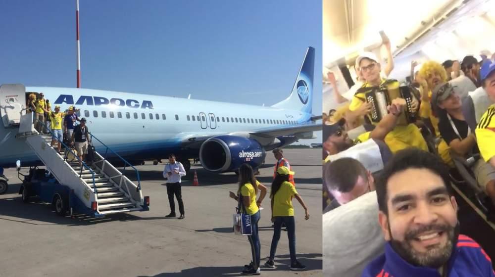 Hinchas de Colombia en un avión, en Rusia. 