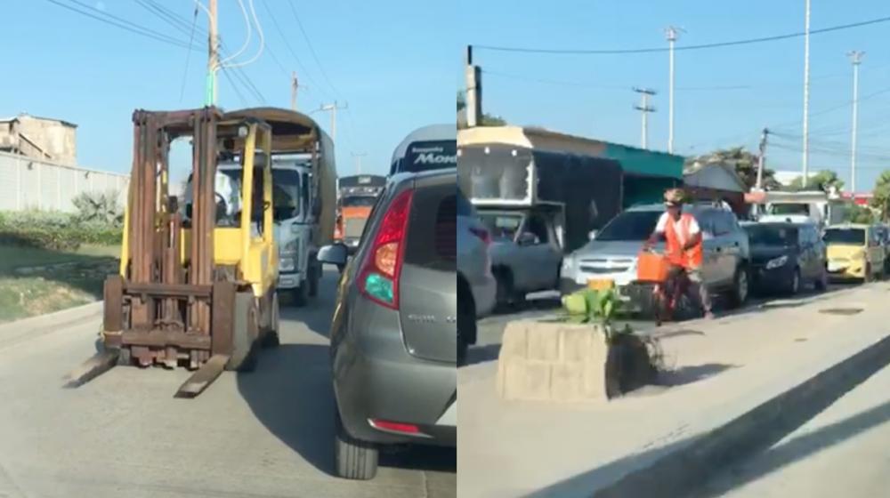 Imágenes de uno de los montacargas y el trancón en la Vía 40. 