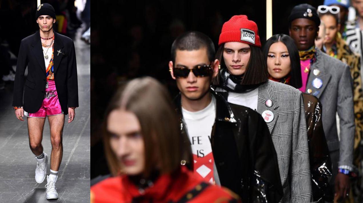 Versace desfigura las prendas elegantes dotándolas de elementos modernos como broches y estampados pop.