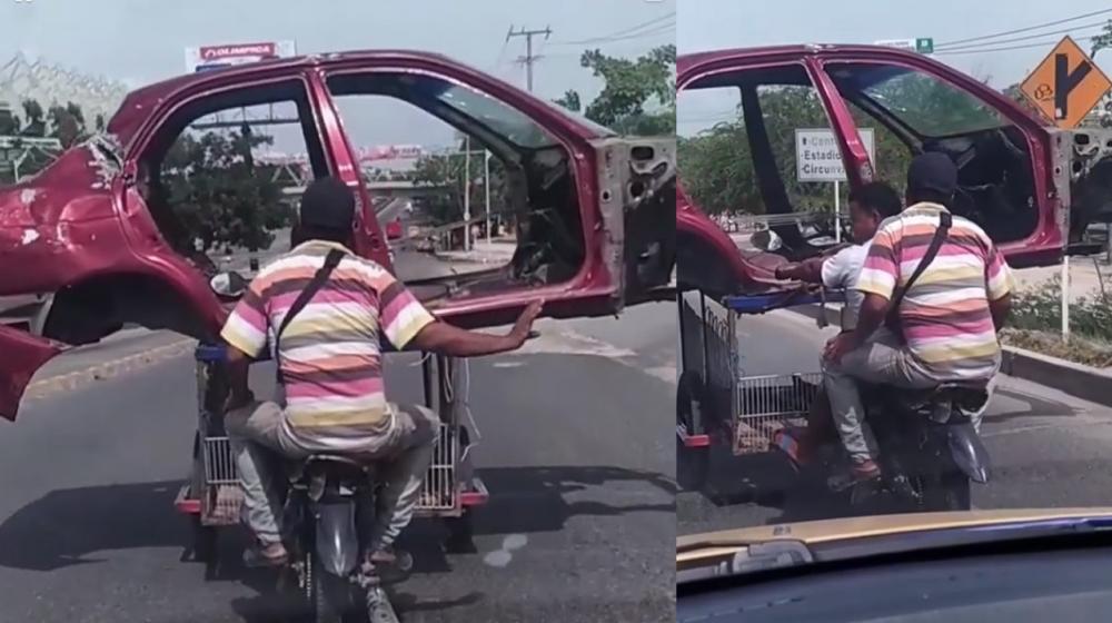 En “tricimoto” hombres entran a Barranquilla cargando la carrocería de un auto