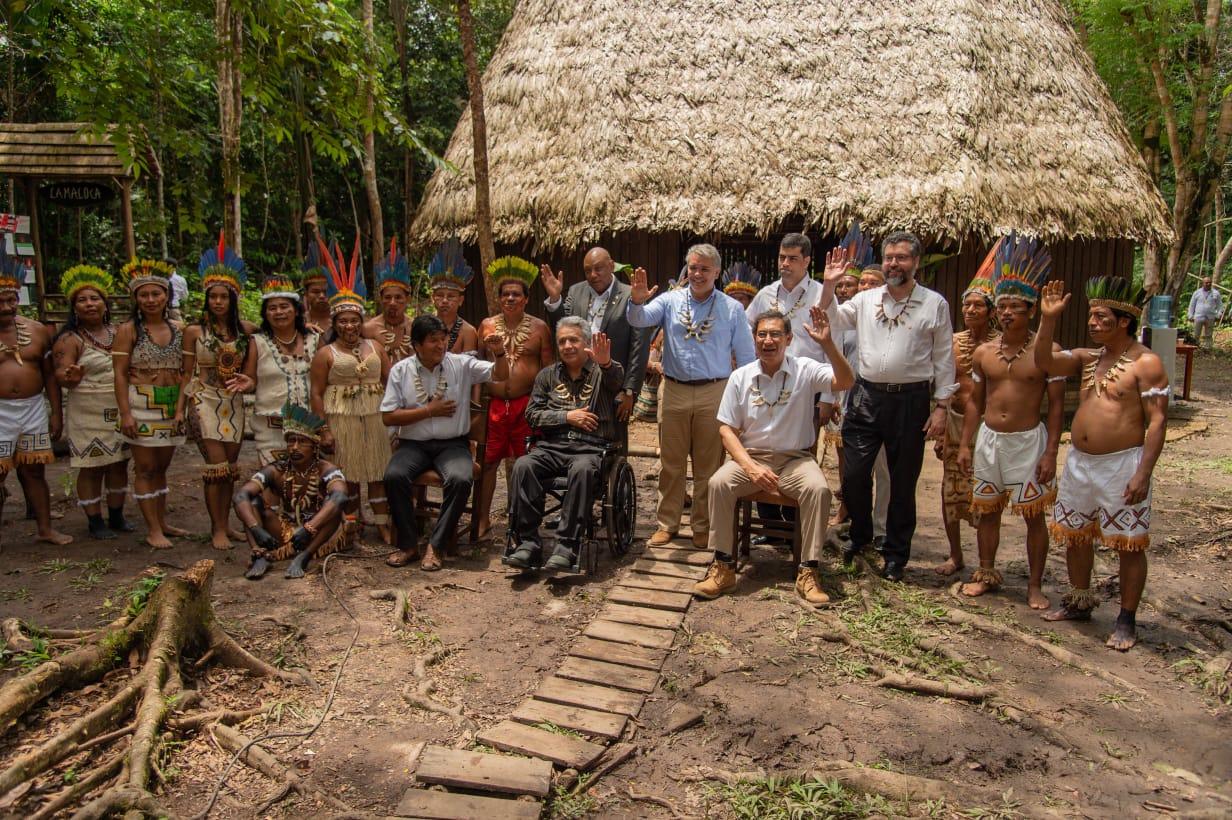 El Presidente Duque, acompañado por sus homólogos de Perú, Martín Vizcarra; Ecuador, Lenín Moreno, y Bolivia, Evo Morales, así como por el Ministro de Relaciones Exteriores de Brasil, Ernesto Henrique Fraga Araújo, y el Vicepresidente de Surinam, Michael Adhin, en la Cumbre Presidencial por la Amazonía.