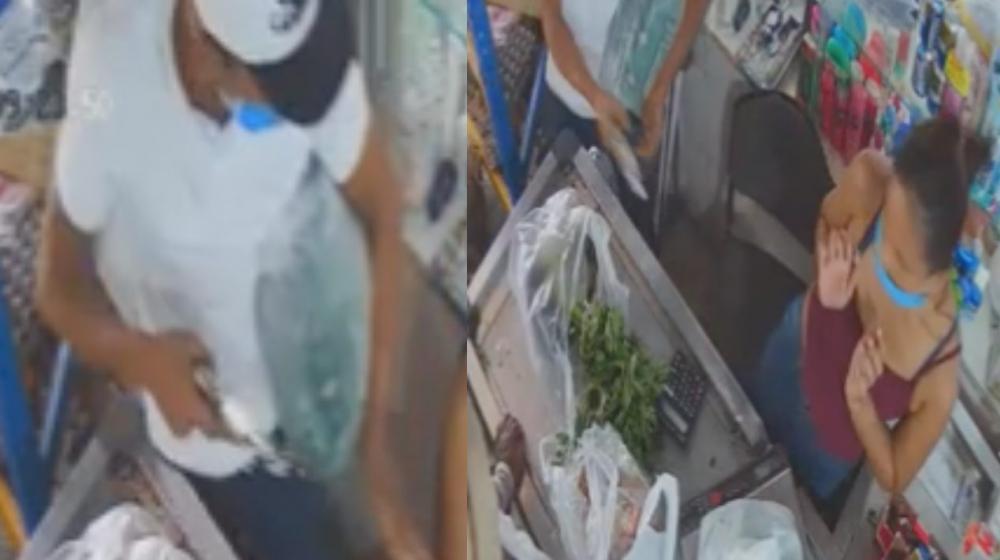 Momento del robo en una carnicería.