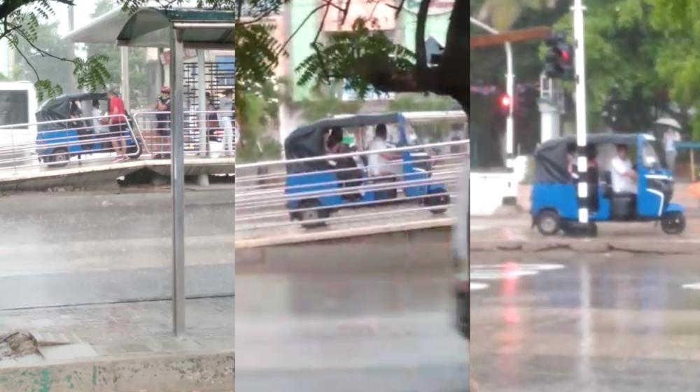 Imágenes del motocarro en la estación de Transmetro.