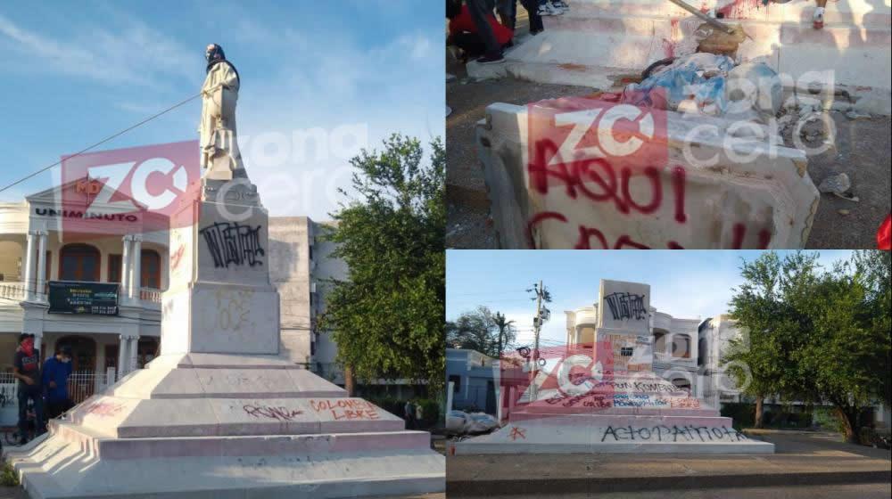 Manifestantes tumbaron la estatua de Colón