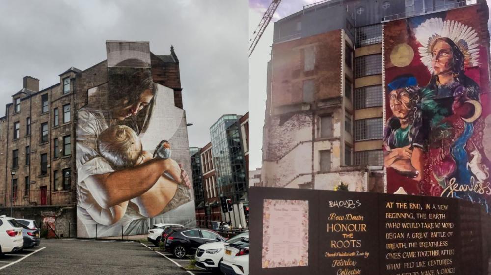 A la izquierda el mural "St. Enoch, madre del patrón de Glasgow", realizado por el artista Smug, y a la derecha "Honour the roots", de Fearless Collective.